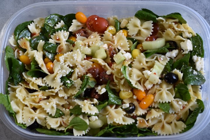 greek pasta salad in container